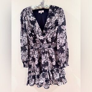 Dizzy Lizzy Black Floral Faux Wrap Ruffle Dress Large NEW Sheet Mesh Shiny Goth